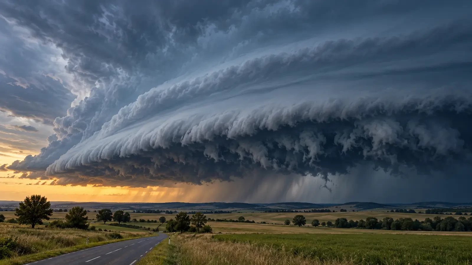 Illustration of an arcus shelf cloud advancing across a landscape