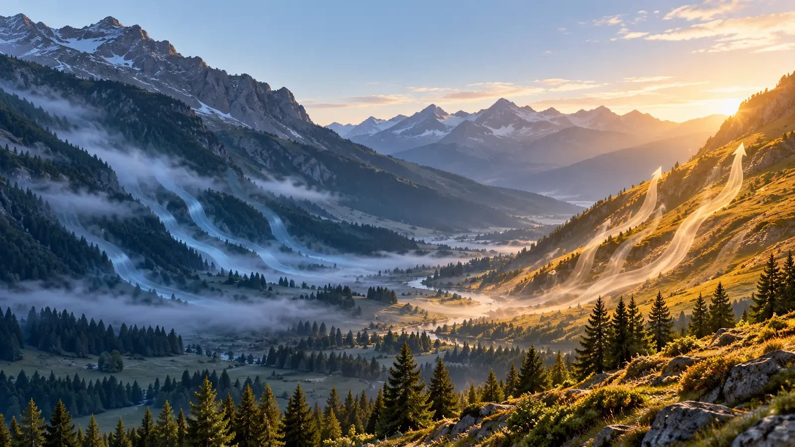 Auf- und absteigende Luftströmungen an den Hängen eines Bergtals