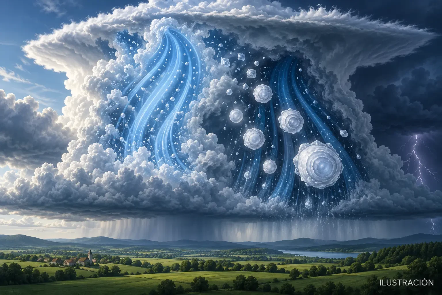 Illustratie van een cumulonimbus met stijgstromen en hagelstenen in verschillende groeifasen