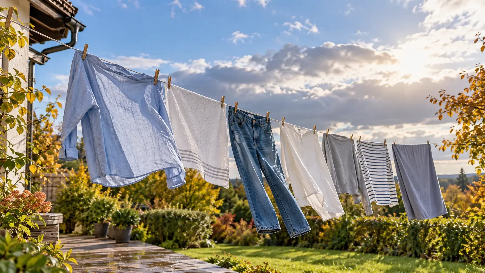 Bucato steso all'aperto con sole, nuvole e brezza leggera