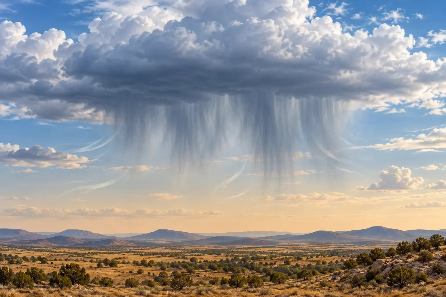 Ilustración de virga: cortinas de precipitación que se evaporan antes de llegar al suelo