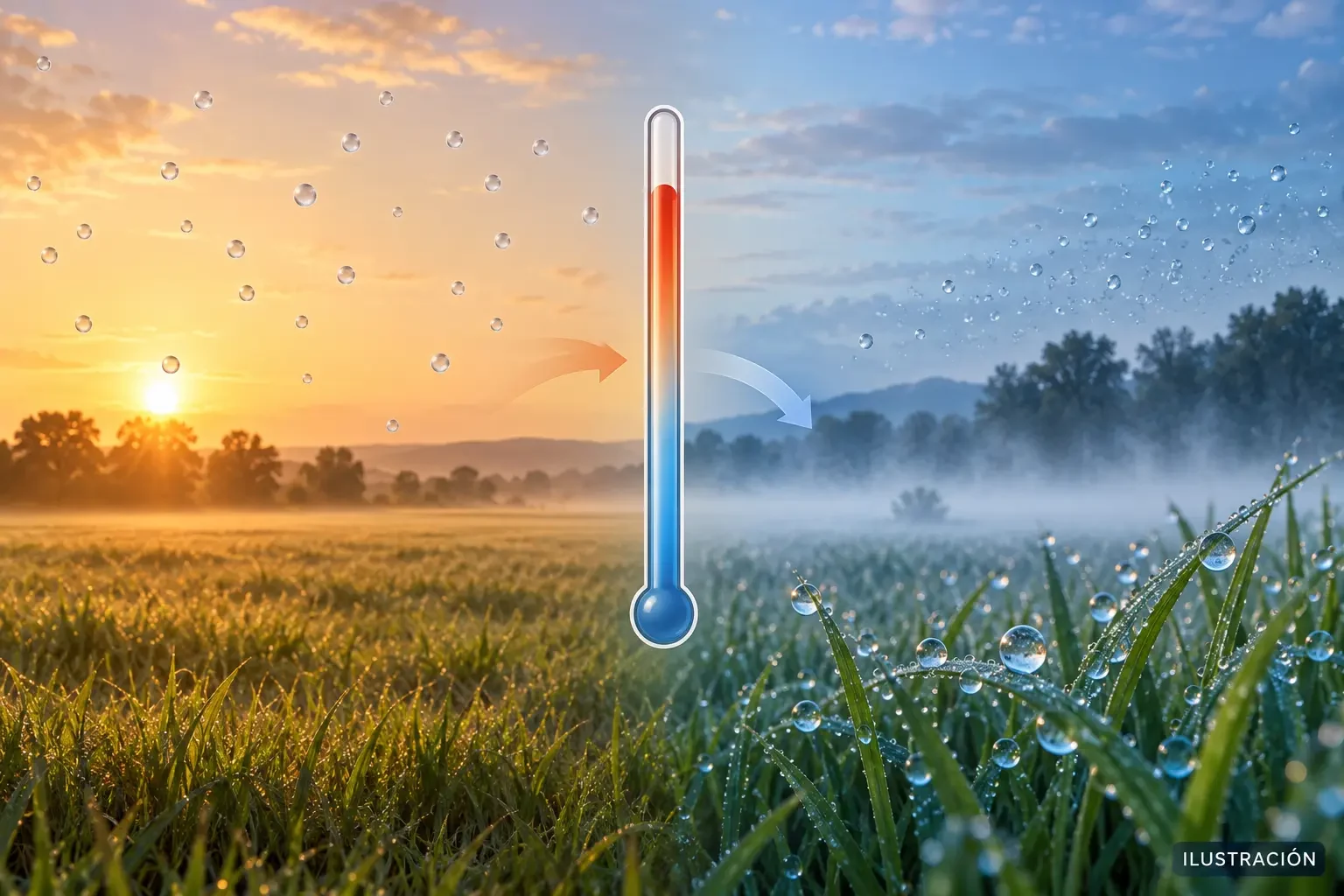 Illustratie van warme lucht die afkoelt totdat vocht als dauw condenseert, met een thermometer in het midden