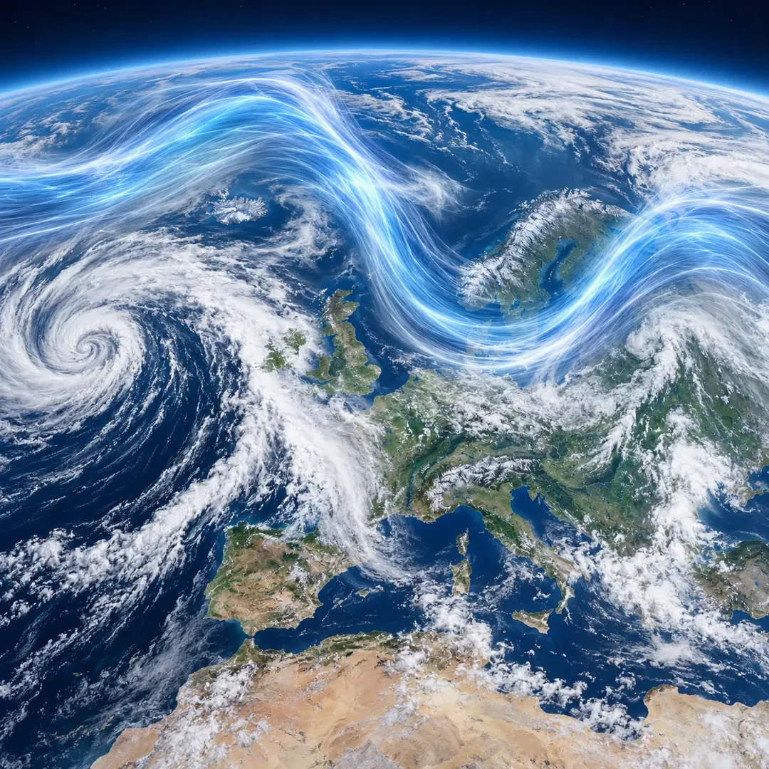 Illustrazione della corrente a getto che ondeggia sopra l’Europa e il Nord Atlantico
