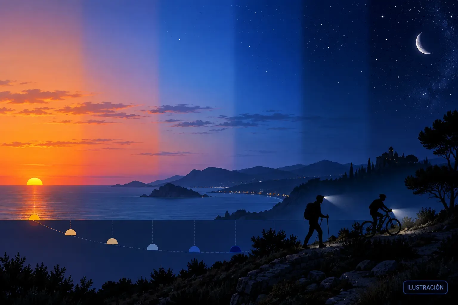 Illustration of the transition from sunset through civil, nautical and astronomical twilight, with a hiker and cyclist using lights
