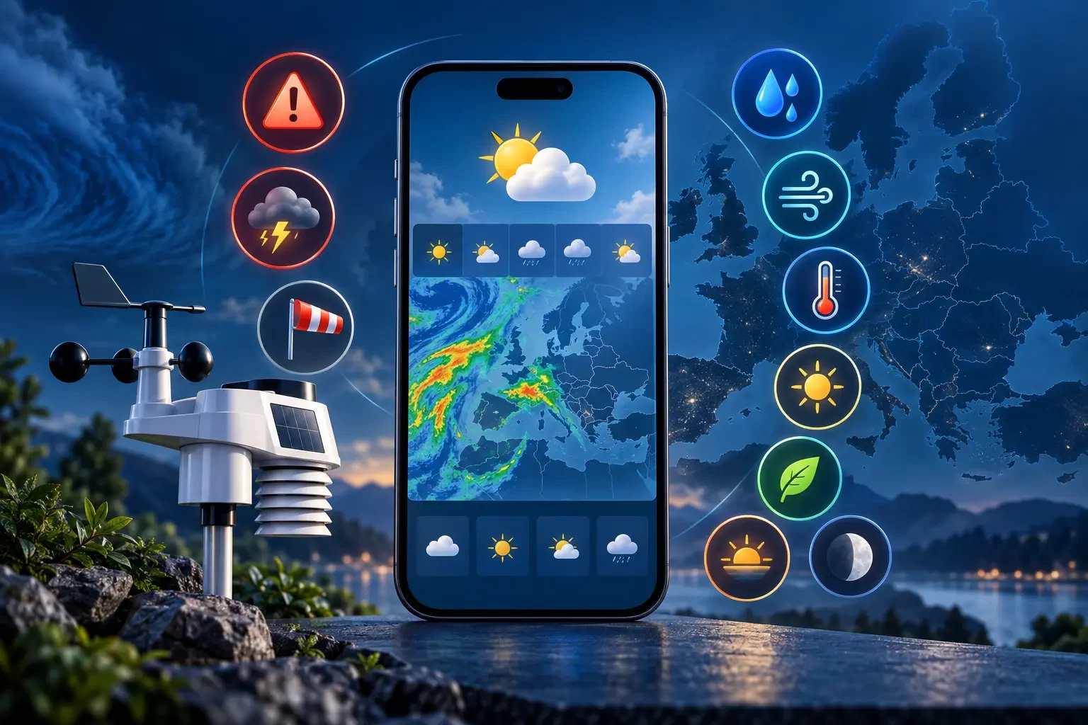 Ilustración de WeatherAlerts con avisos, radar de lluvia, datos meteorológicos y una estación personal