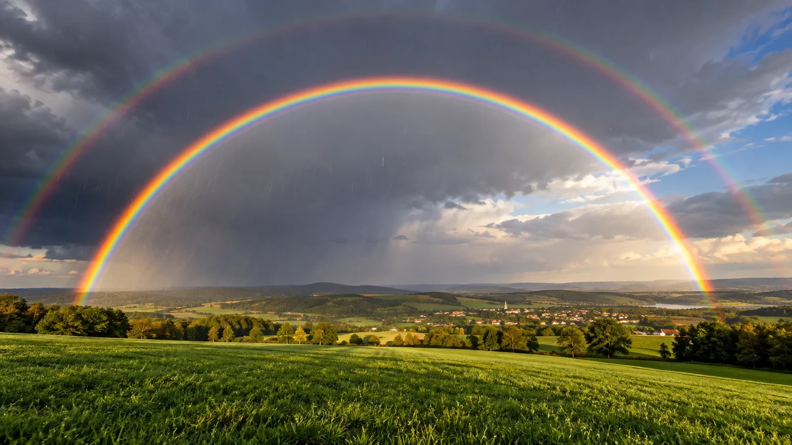Dubbele regenboog boven een landschap na een regenbui