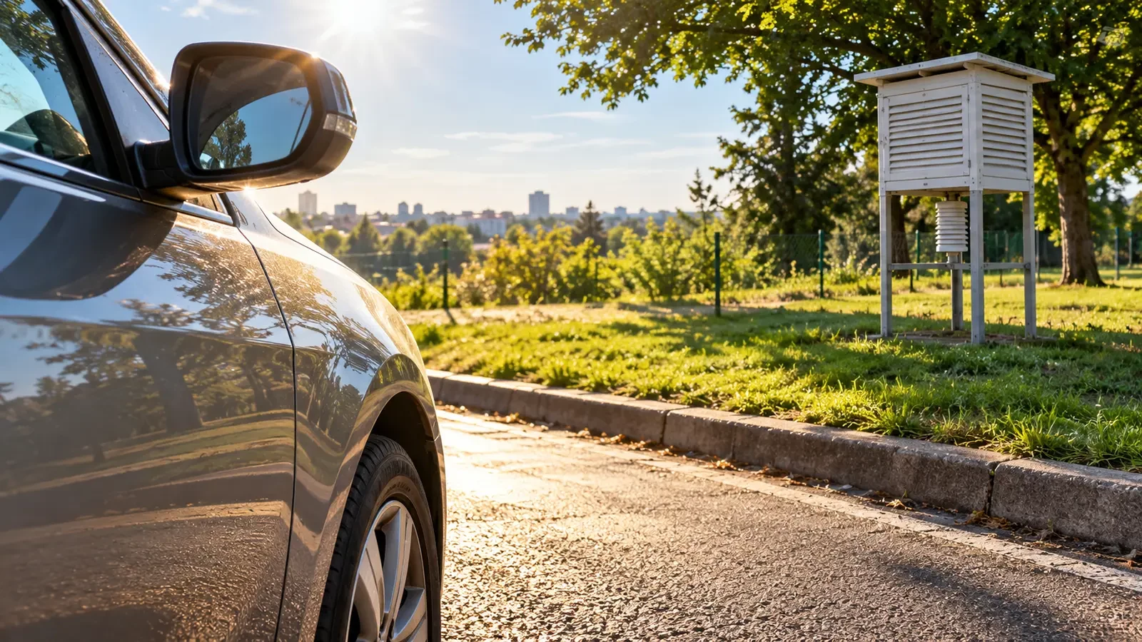 Auto in de zon naast een afgeschermd weerstation boven gras