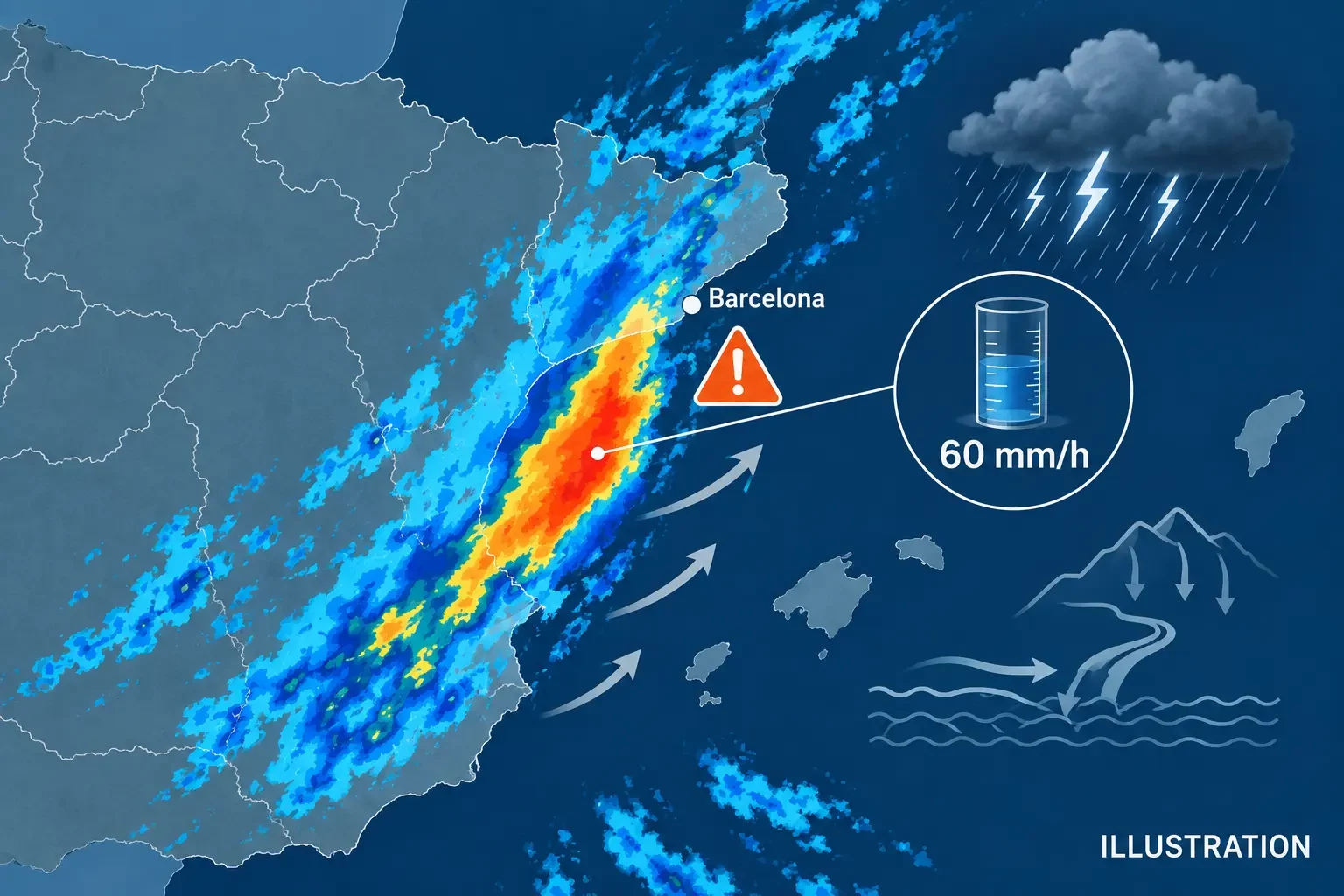 Meteorologische illustratie van de oranje waarschuwing voor zware regen aan de kust van Barcelona, met regenzones en een drempel van 60 mm per uur.