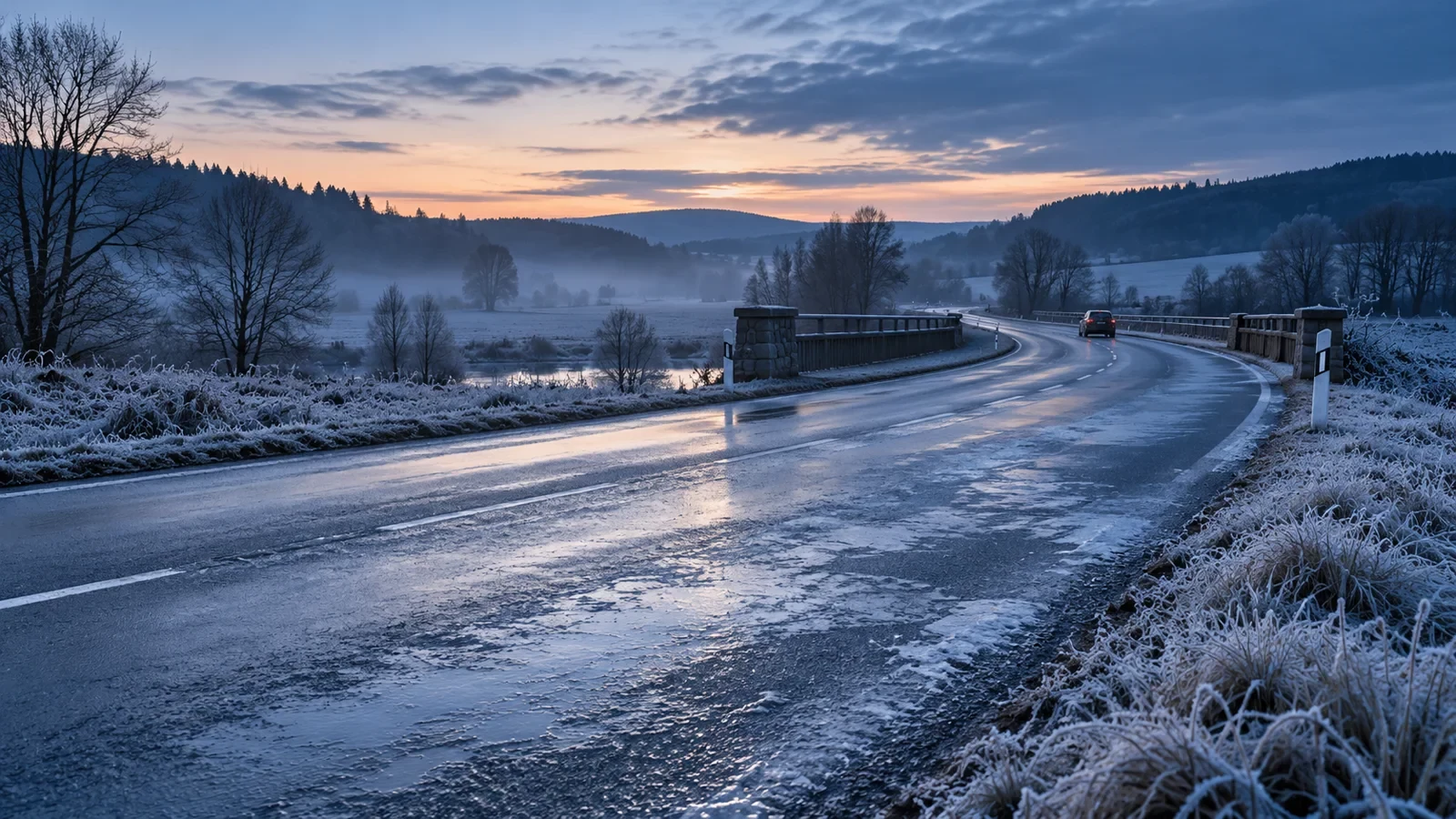 Carretera con escarcha y posibles placas de hielo al amanecer