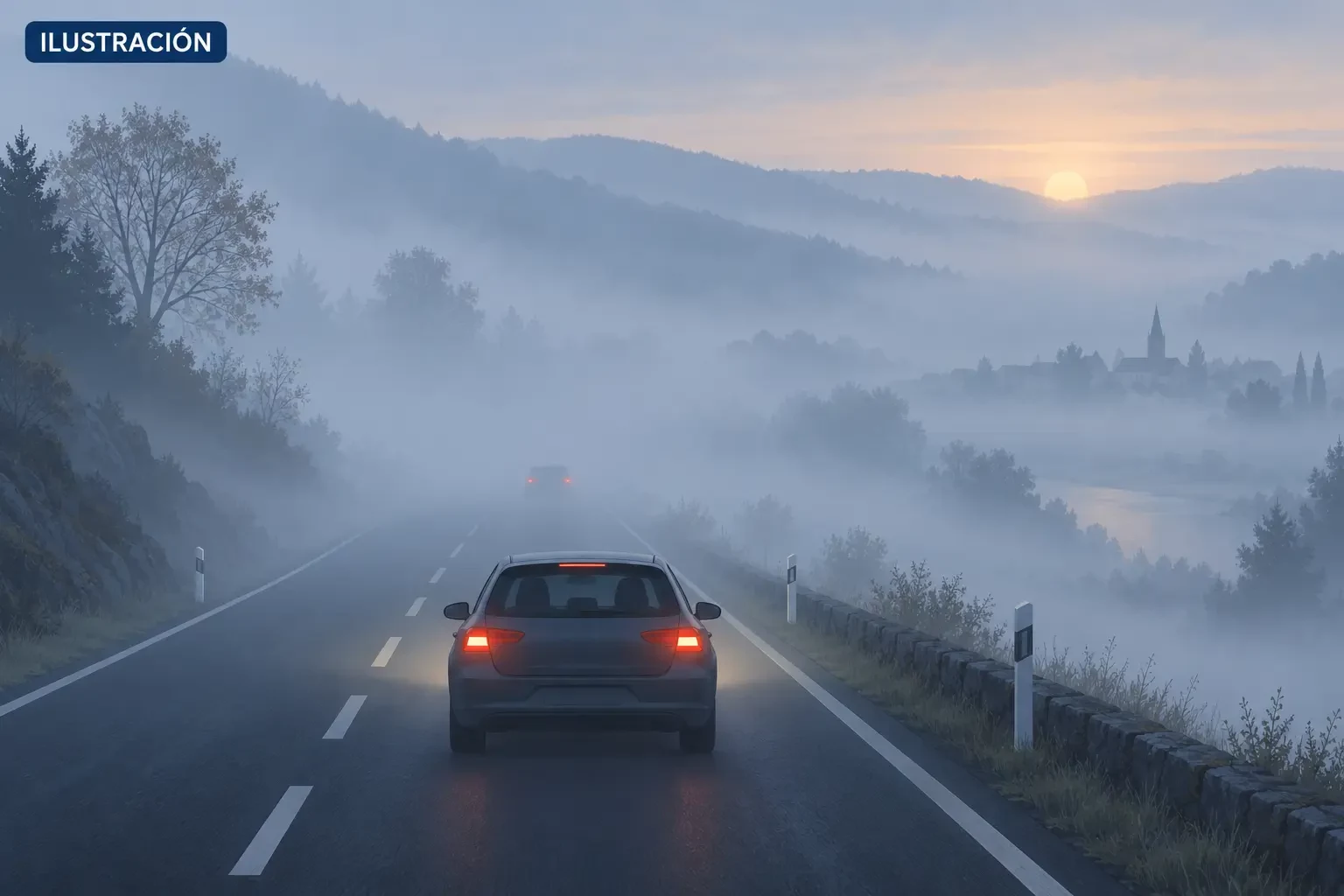 Illustration eines Autos, das bei Nebel und eingeschränkter Sicht vorsichtig fährt